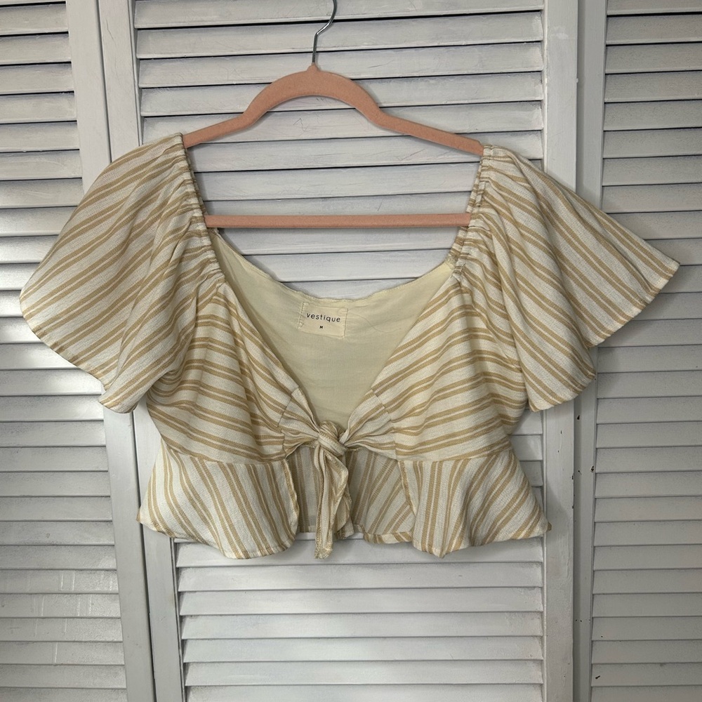 Vestique Cream‎ & White Stripe Tie-Front Crop Top Size M
